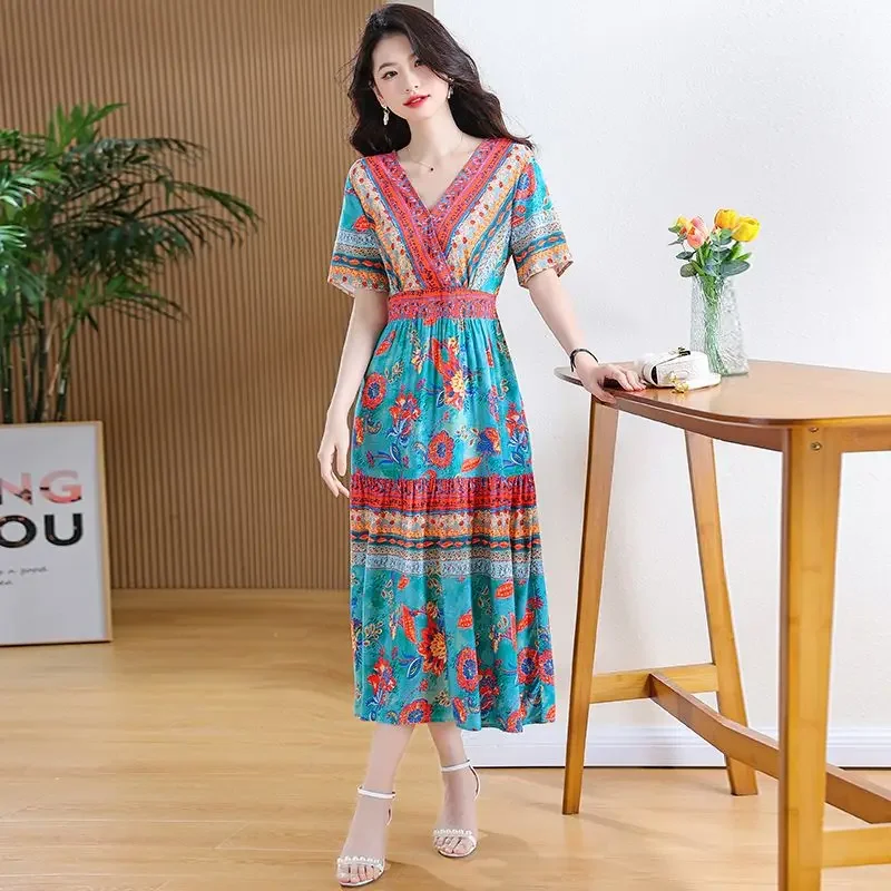 الأزهار زهرة عطلة فساتين حريمي بوهو ميدي فستان ملابس عصرية Harajuku مصمم متعرج الشاطئ Kpop على تعزيز الساخن