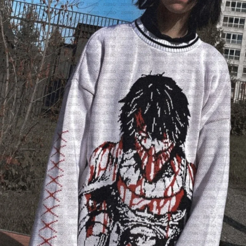 Gothic black cartoon anime jacquard knitted sweater Y2K winter warm oversized women\'s sweater 2000s punk hip-hop streetwear