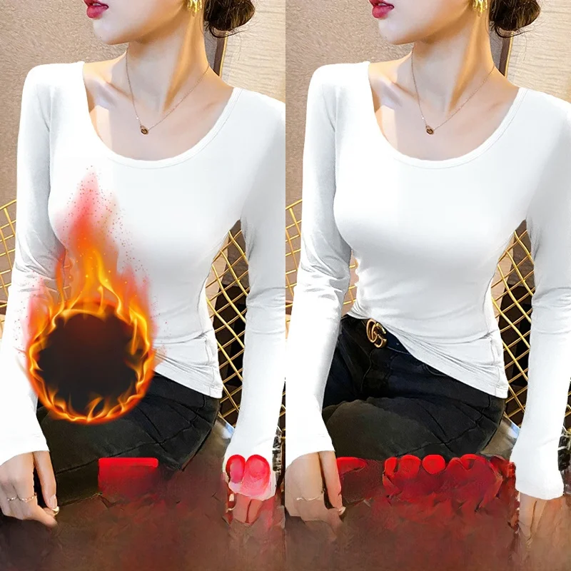 Women's Thermal Fleece Lined Long Sleeve Underwear Tight Fit Korean Style Slimming Autumn Winter Inner Wear Single Layer Poly...