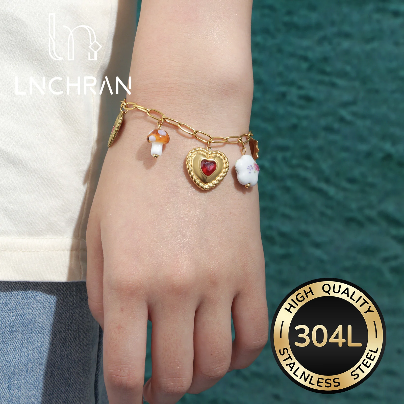 

Golden Stainless Steel Charm Bracelet with Mushroom and Heart Pendants for Women