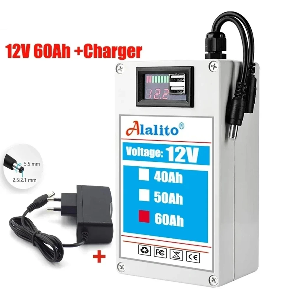 New DC 12V 60AH lithium ion rechargeable battery, high capacity ac power charger with 4 kinds of traffic development