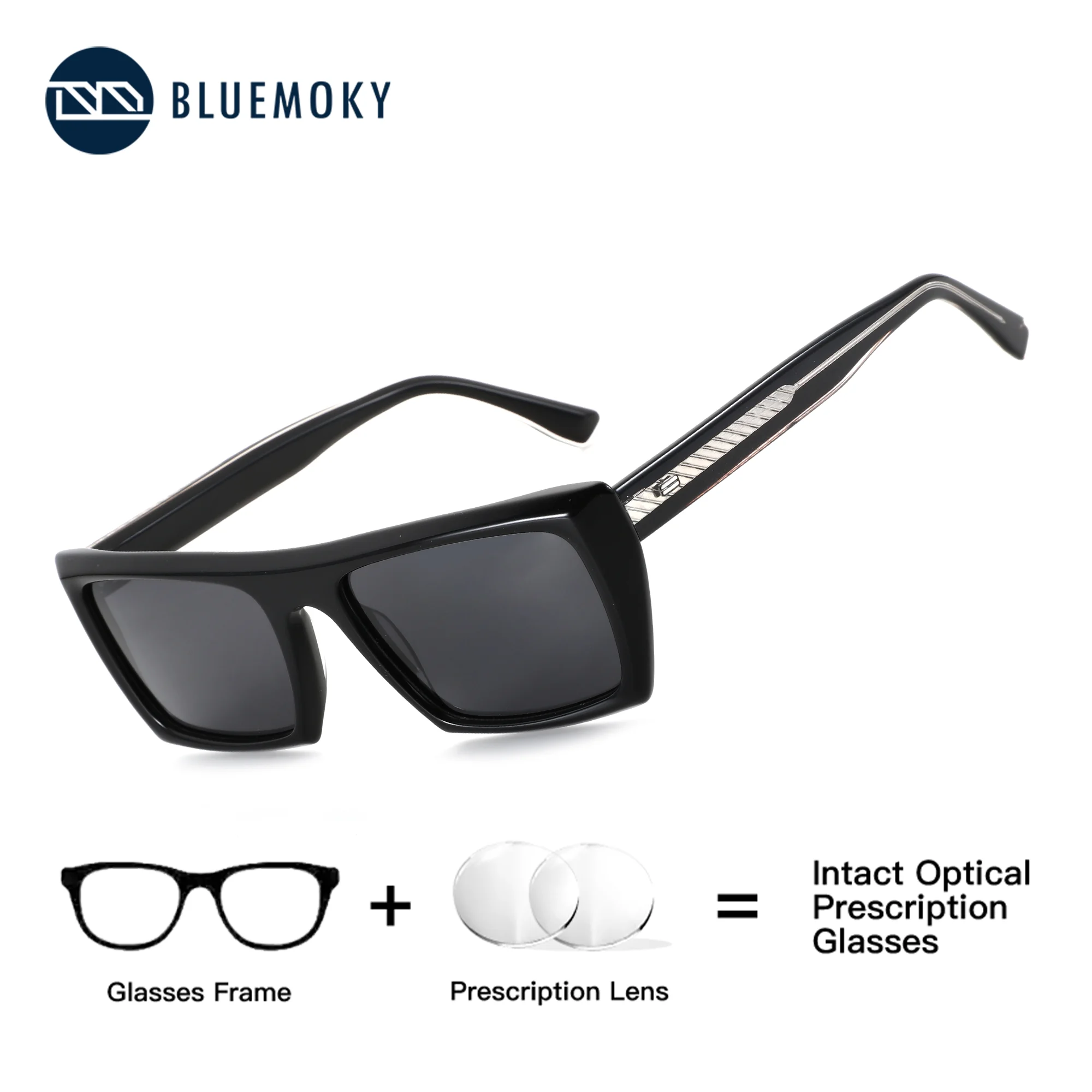 

BLUEMOKY Square Thick Framed Acetate Prescription Sunglasses, High Quality Men's UV400 Protection, Multifocal Myopia Lenses