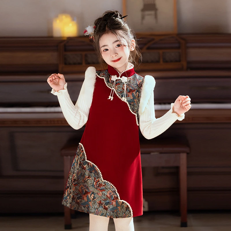 فستان بناتي شتوي جديد لعام 2025 من Hanfu Qipao فستان سترة حمراء + طقم سترة ملابس السنة الصينية الجديدة للأطفال فستان حفلات الزفاف المسائية