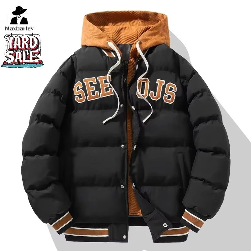 Men's Winter Baseball Jacket Harajuku Fake 2 Pct Design Thick Down Cotton Padded Coat Streetwear Loose Cold-proof Hooded Parkas