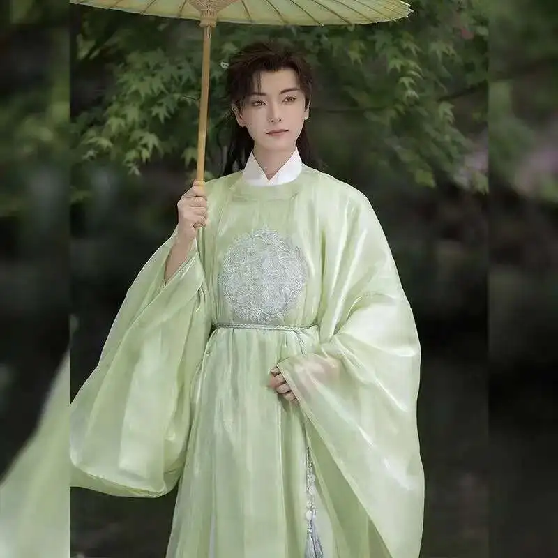 

Traditional Green Hanfu Men Women Ancient Chinese Embroidery Stage Suit Tang Dynasty Knight Cosplay Outfit Event Round Neck Robe