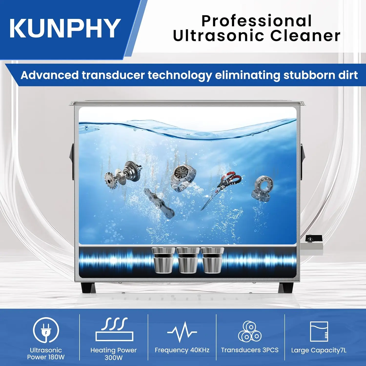 Ultrasonic Cleaner, 7L(1.85 gal) 40kHz Jewelry Cleaner Ultrasonic Machine with Heater, Degas & Timer, Stainless Steel Industrial