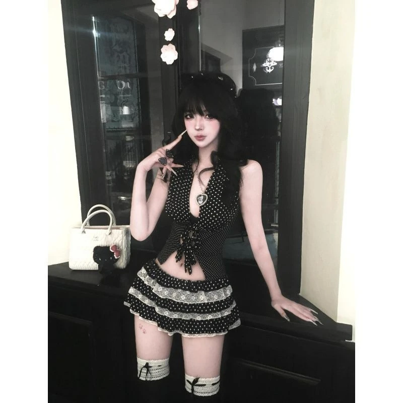 

Y2k Vintage Sleeveless Polka Dot Sexy Hot Girl Lace Patchwork Women Sweet Bodycon Mini Dress Two-Piece Set Spring Summer