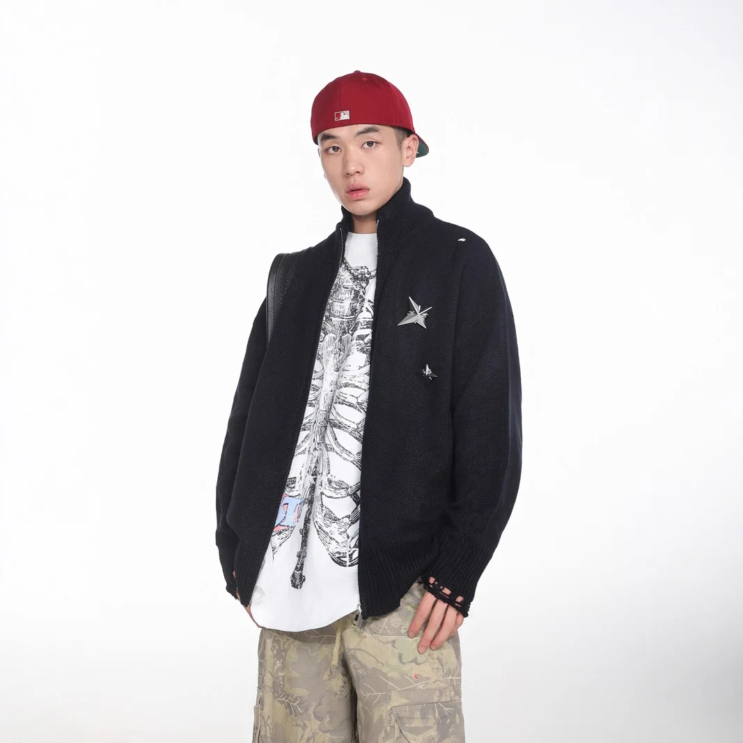 

Men's Fashion Ripped Sweater High Street Knitted Jumper With Decoration Loose Fit Distressed Knitwear Cardigan Tops For Male