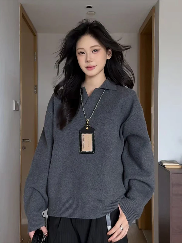 

Вязаный свитер с воротником-стойкой в стиле Old Money, осенне-зимний, в американском стиле, с эффектом высококачественного материала, для пар, с открытыми плечами