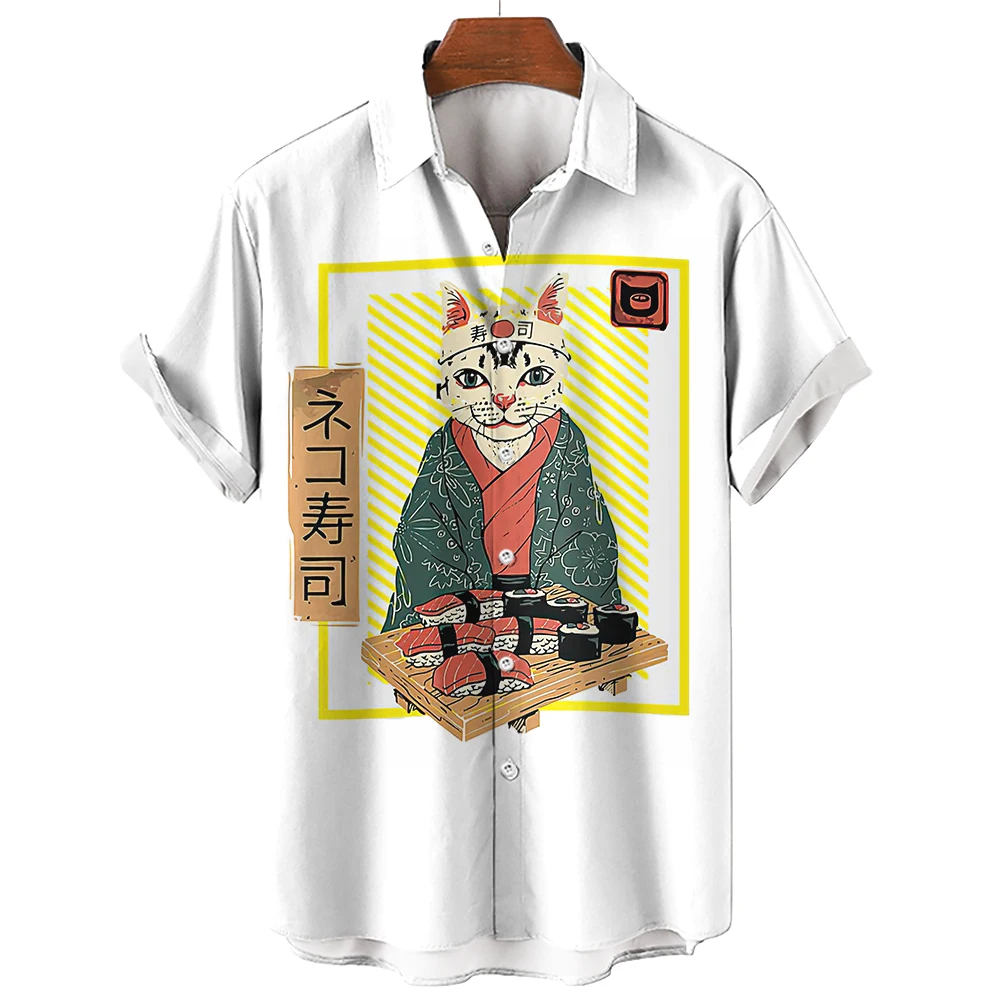 Vintage Men\'s Shirts Summer Clothing Cat Graphic Short Sleeve Tops Japanese Apparel Streetwear 5xl For Male Casual Shirts 2023