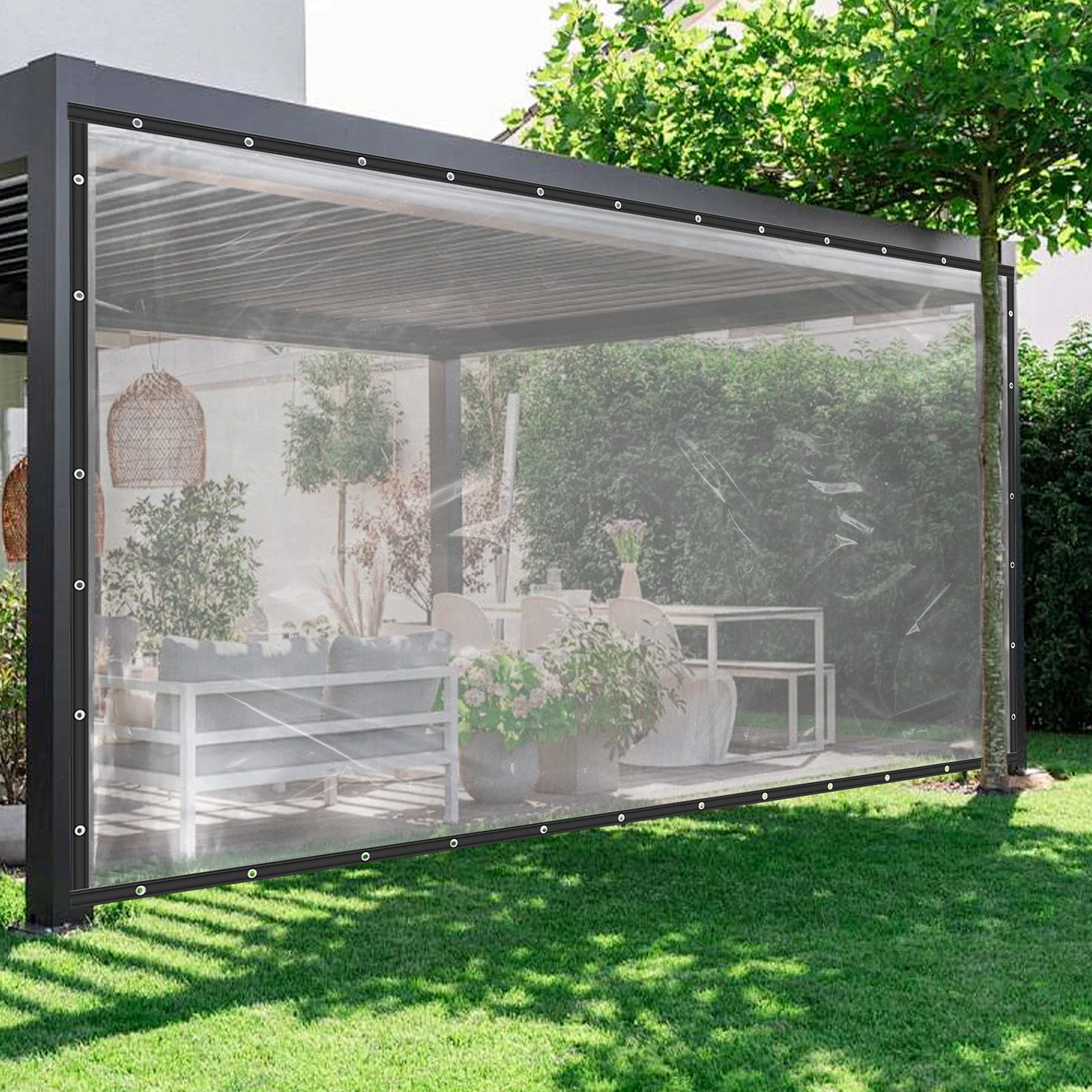 Outdoor Clear PVC Curtain, 8x16ft, Black, Modern Style, Waterproof, Sheer, 1 Panel, fits for Dining Room