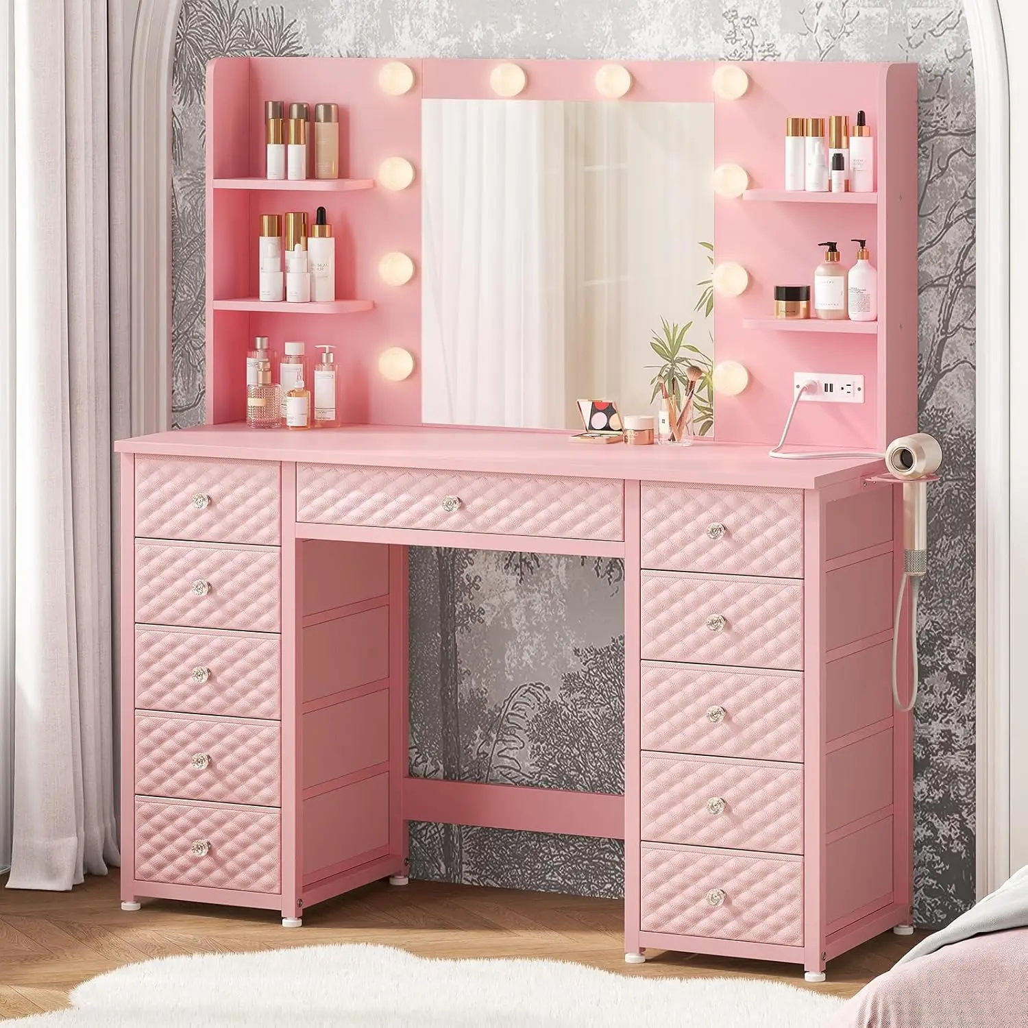 Pink Vanity Desk Mirror & Lights 11 Drawers 43.3