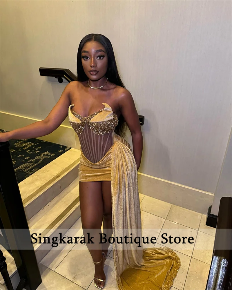 Sexy Gold Prom Dress Velvet Luxury Crystal Beads Birthday Party Cocktail Gown Homecoming Robe De Bal Lace Up Back Customized