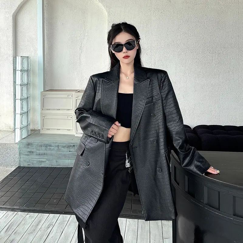 Women's Autumn Winter Jacket Tops Suit Crocodile Button Mid-length Lapel Loose Fashion Premium Design Leisure Simple Brand New
