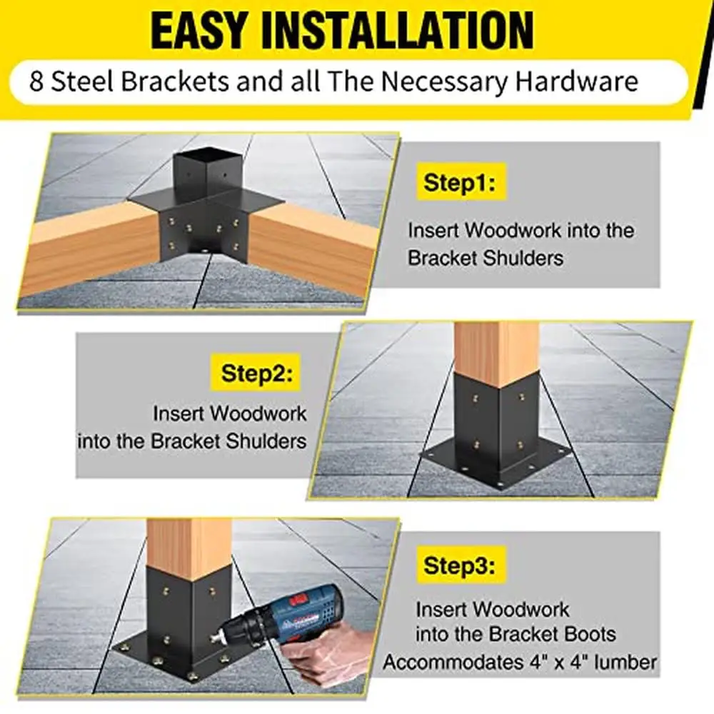 4x4 Kit Pergola pekerjaan kayu braket sudut kanan 3 arah pekerjaan kayu Kit dasar pos DIY untuk 4x4 (sebenarnya: 3.5x3.5 inci)