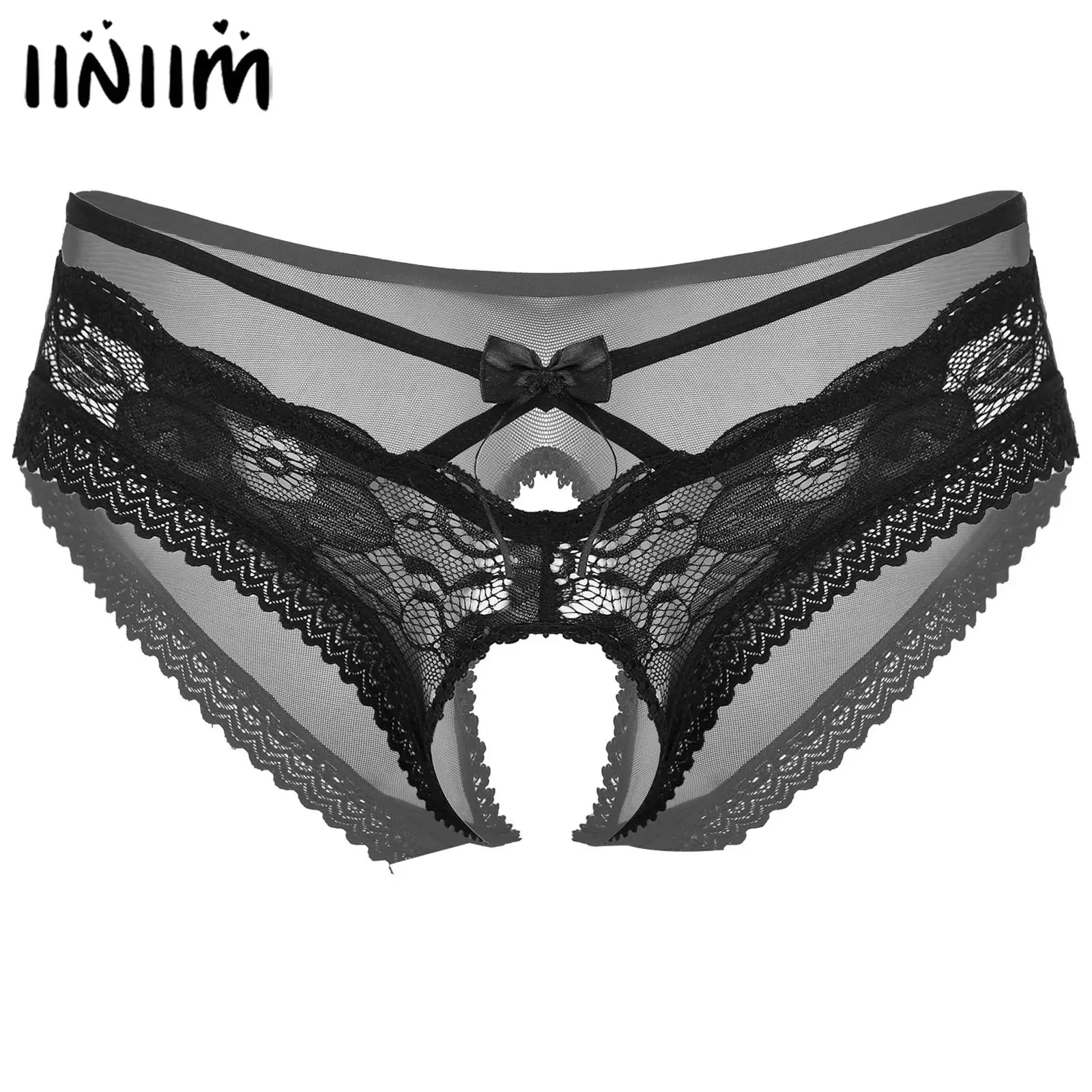 

Sissy Mens Crossdresser Underwear Lingerie Bowknot Strappy Crotchless Open Butt Panties See-Through Mesh Lace Briefs Underpants