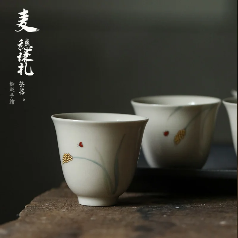 

★Jingdezhen Wheat Porcelain Master Cup Grass and Wood Gray Handmade Hand-Painted Insect Kung Fu Tea Cup High-End Gift Set