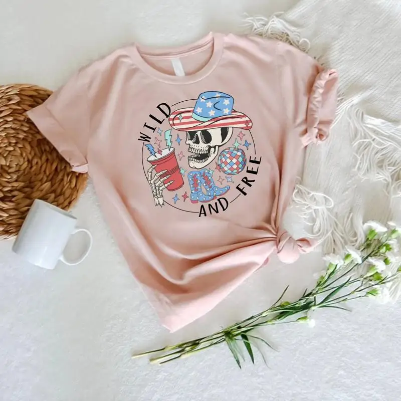

Wild and Free Skeleton T Shirt Funny 4th of July Freedom Independence Day Sarcastic Fourth USA Flag