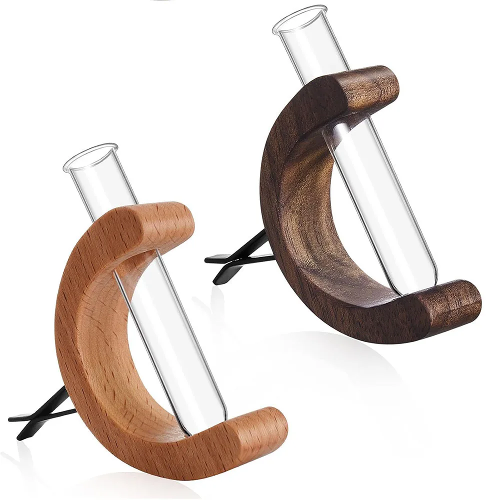 Car Air Vent Flower Vase, C-Shape Solid Wood Test Tube Glass Holder with Clip, Hydroponic Aromatherapy Car Decor