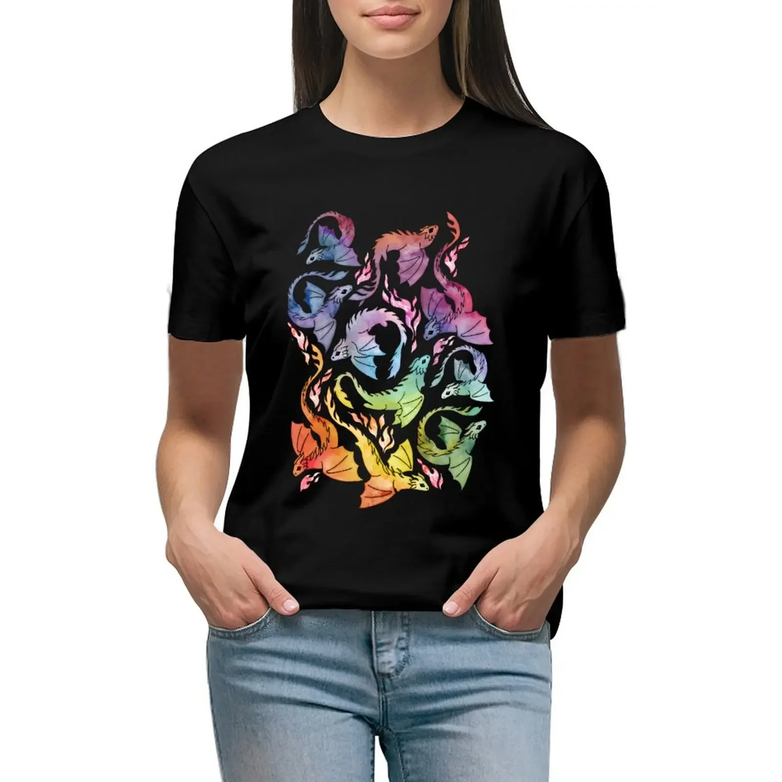 

Dragon fire dark rainbow T-Shirt sports fans summer clothes blacks shirts graphic tees Woman clothing