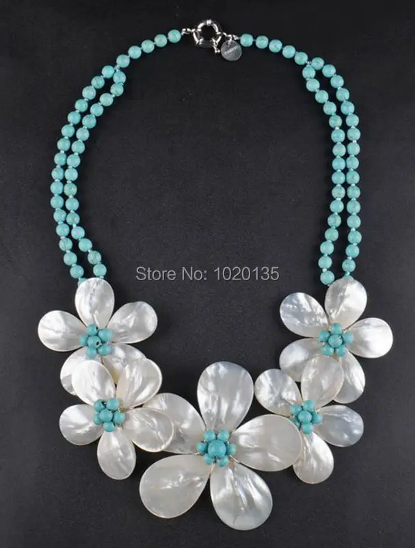 

2rows white shell flower and green howlite turquoisenecklace 18inch wholesale beads nature