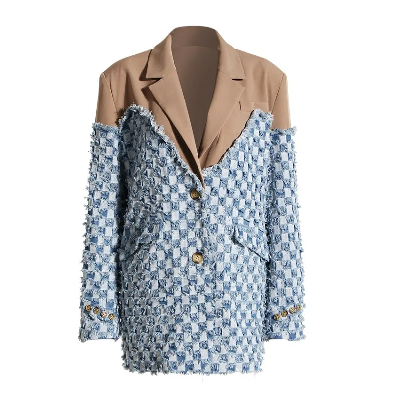 Women Spring Autumn Outerwear Tops Blazer Suit Denim Color Crash Old Plaid Raw Edge Splicing Loose Long Sleeve Niche Vintage New