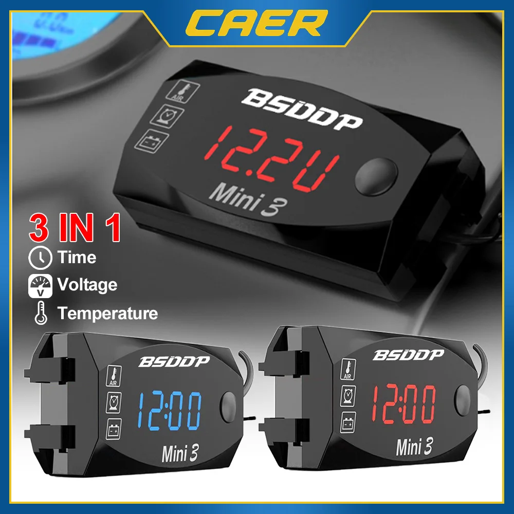 3 In 1 LED Motorcycle Electronic Clock Digital Display Voltmeter Watch IP67 Waterproof Dustproof Colorful Electronic Thermometer