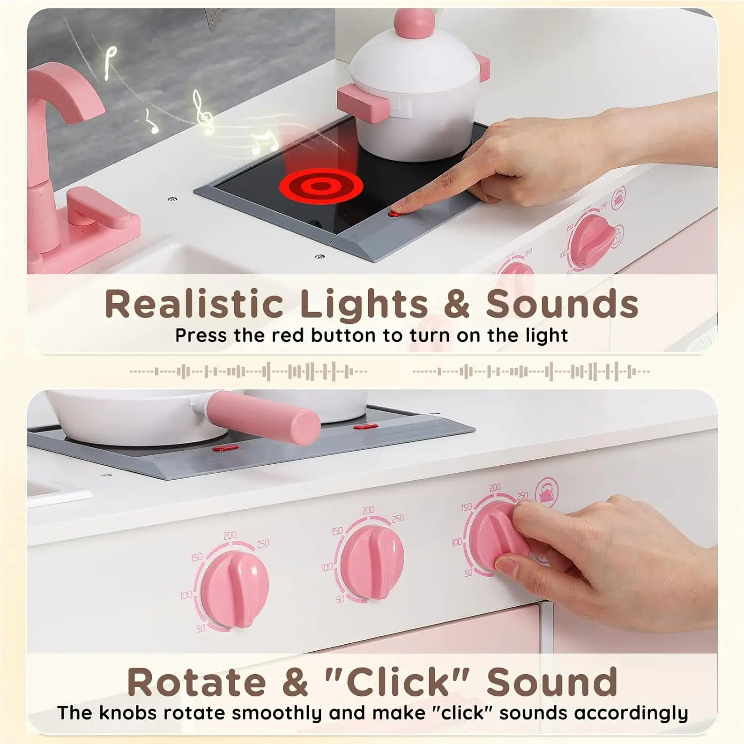 ห้องครัวของเล่นสำหรับเด็ก, ชุดของเล่นครัวไม้พร้อมไฟและเสียง, เครื่องทำน้ำแข็ง, เตาอบและอ่างล้างจาน, ห้องครัวของเล่นสไตล์บ้านทันสมัย, ของขวัญ