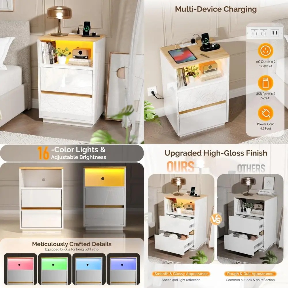 "منضدة LED لامعة مع منفذ شحن وأدراج للاستخدام بجانب السرير" #1
