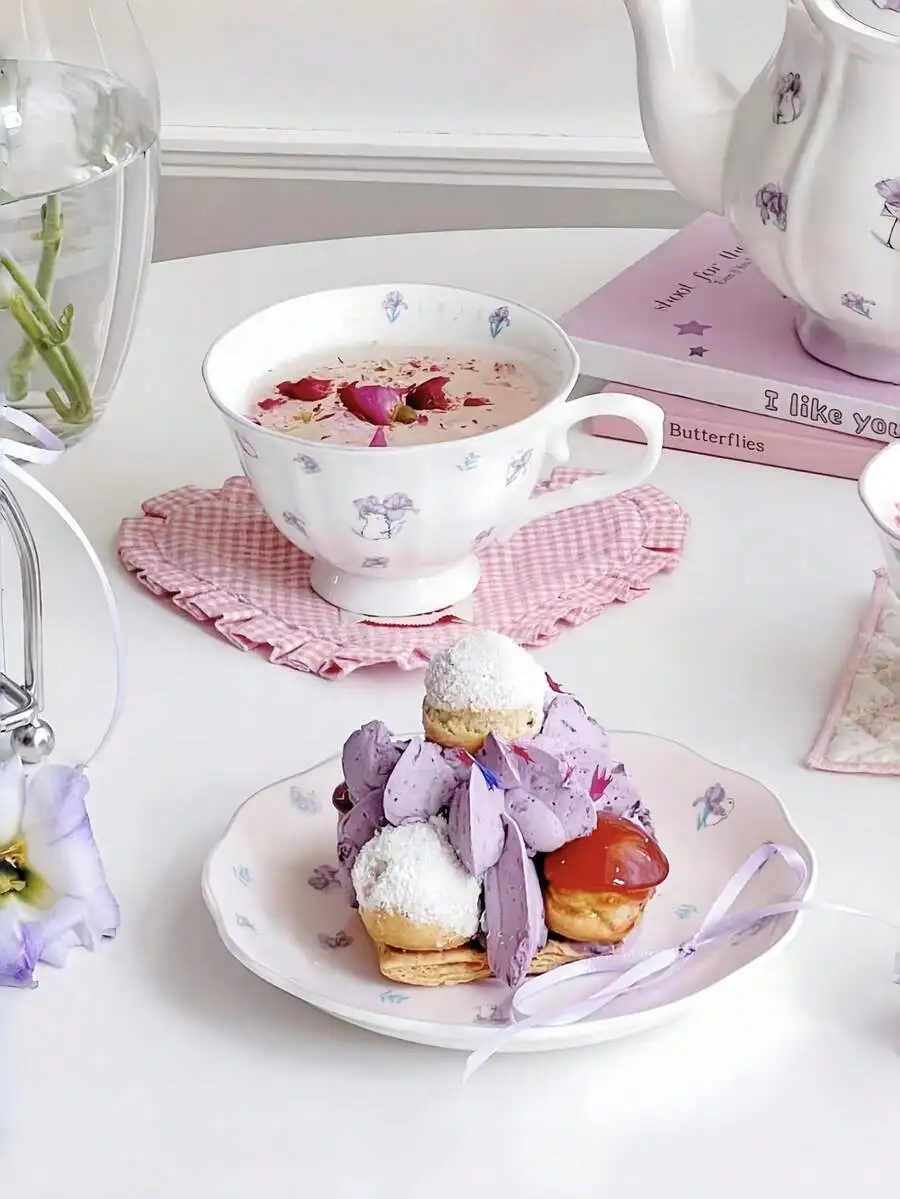 1set Purple Ditsy Floral Rabbit Ceramic Tea Pot, Cup & Saucer Tableware Set, French Chic Ditsy Floral Rabbit Coffee Pot, Cup & S