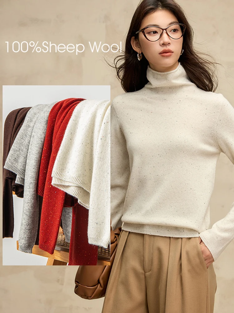 SuyaDream, Women Turtleneck Pullovers, 100%Sheep Wool, High Collar, Whole Garment Sweaters, 2024 Fall Winter Warm Top, Grey, Red