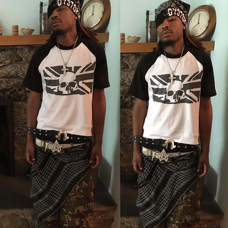 American retro patchwork skull print round neck short sleeved pullover, street fashion T-shirt, autumn top