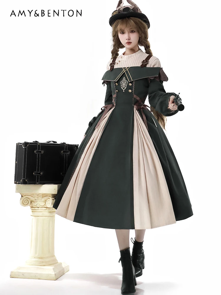 

Autumn Winter New Slim Fit High Waist Green Lolita Princess Dress Apricot Long Sleeve Round Neck Top Two-Piece Set