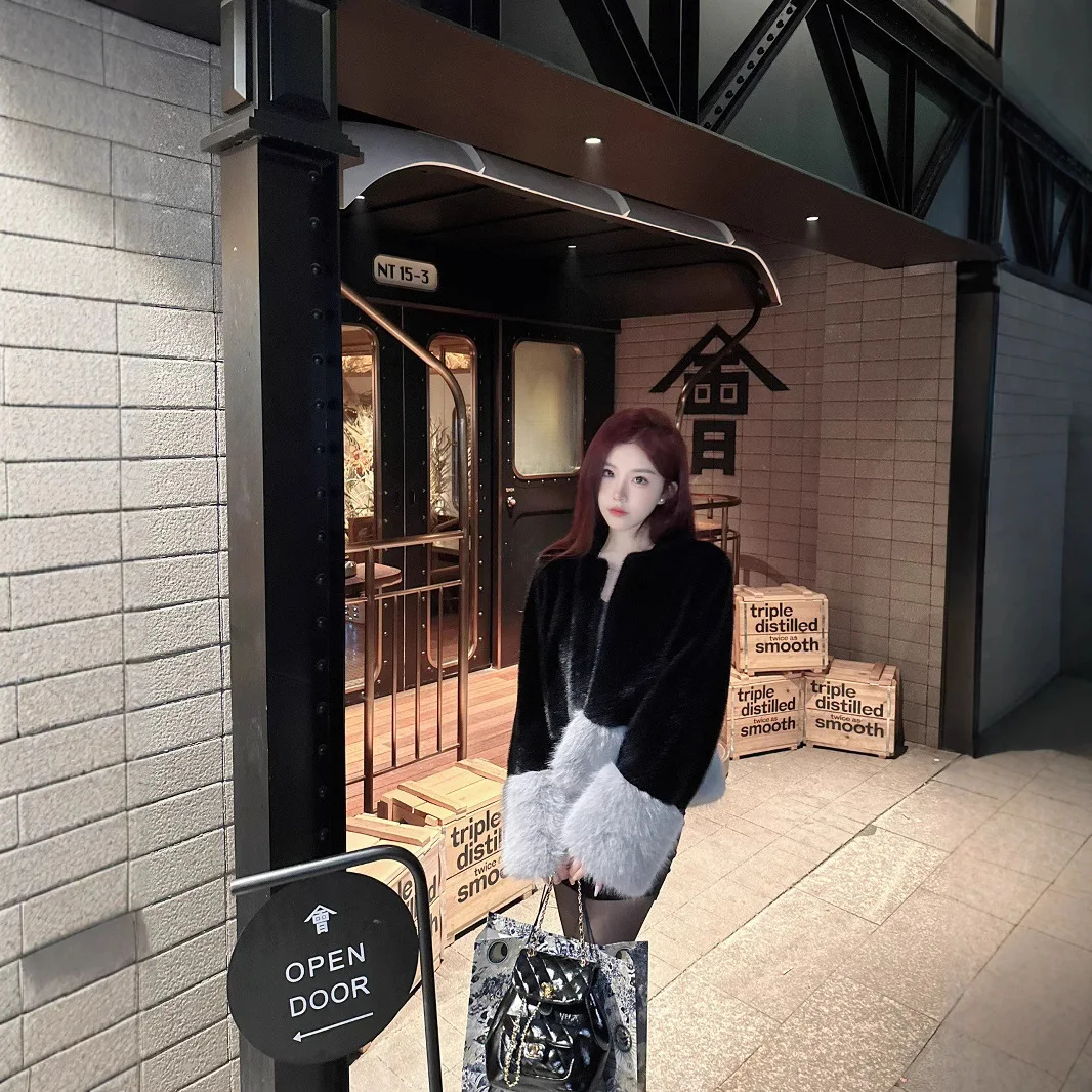 Autumn and Winter Black Korean Version Color Matching Imitation Fox Fur Environmentally Friendly Fur Coat Women