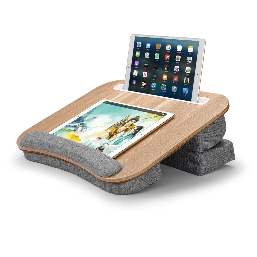 Raised Laptop Lap Desk for Car and Bed, Multilayer Wood Surface with Device Slot, Wrist Rest, High Density Foam Cushion Base