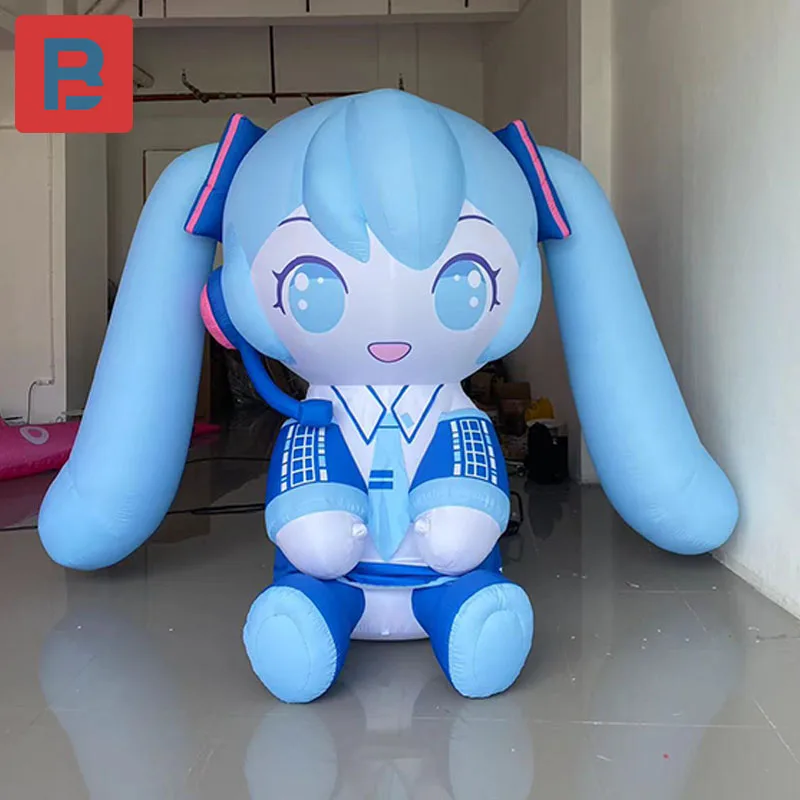 Inflatable seated blue anime girl model blue long hair double ponytail concert stage ambience lighting arrangement