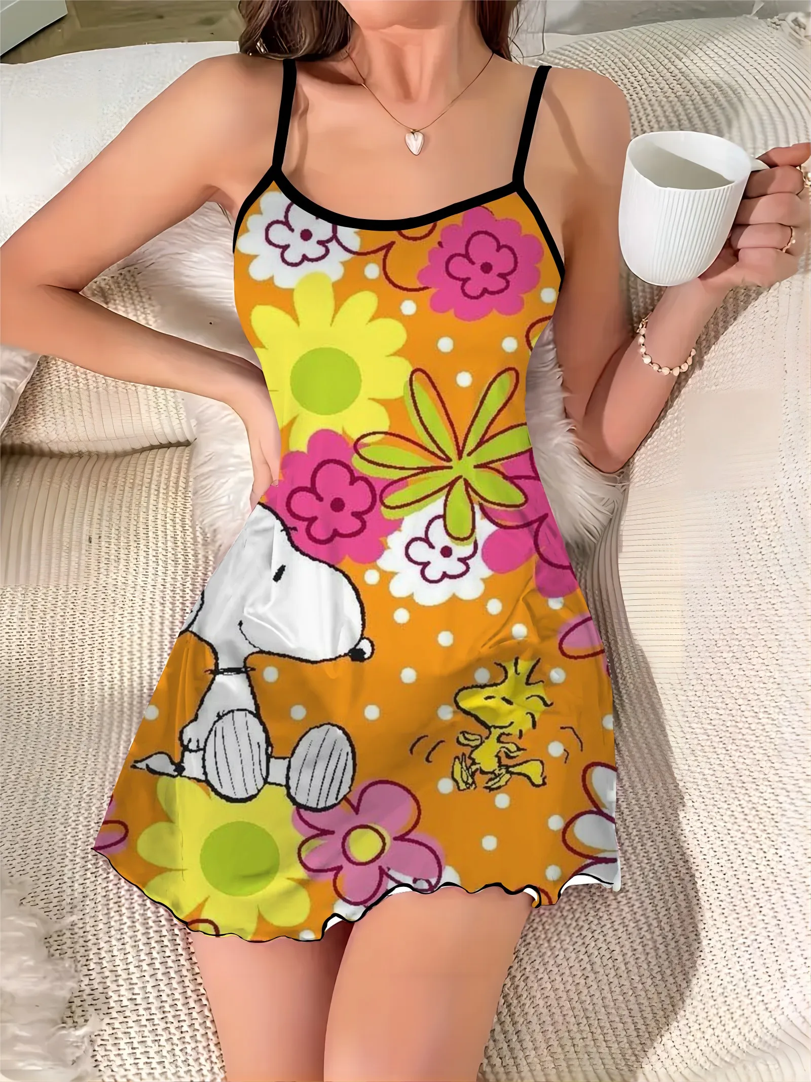 Lattuga Trim girocollo Snoopy vestito Sexy abiti eleganti per le donne moda estate 2024 Chic Mini raso Trim collo Slip Dress Home