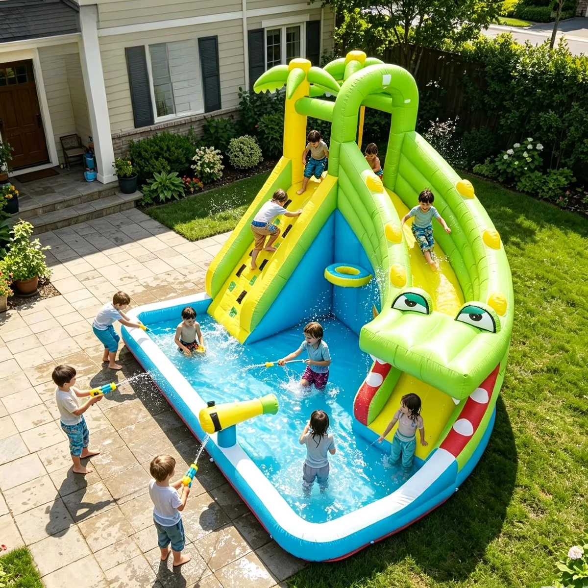 Giant Croc Inflatable Water Slide Pool | Dual Slide Backyard Kids Splash Water Park with Sprayer & Water Cannon