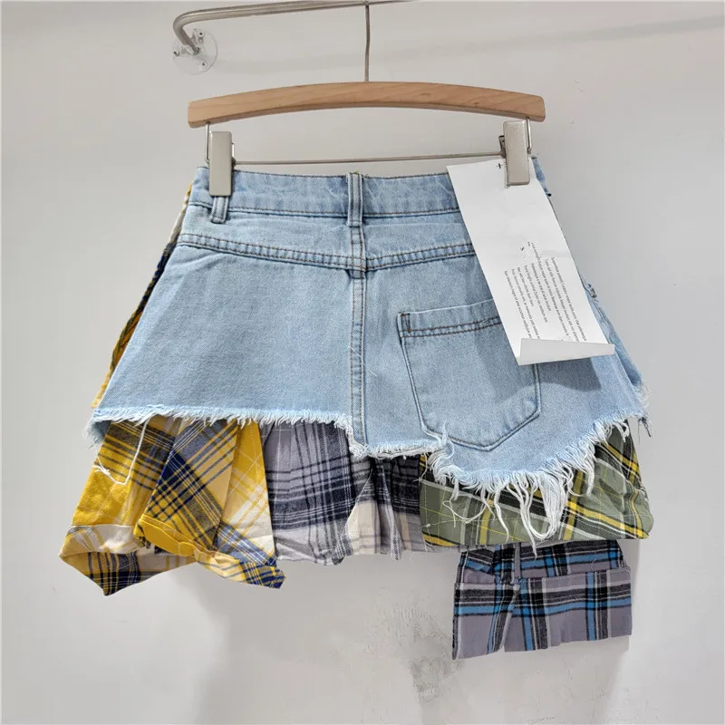 HKSH Women American Retro Short Skirt Asymmetric Denim Patchwork Plaid Color Block Ins Trend Y2K A-line Skirts New Summer HK6154