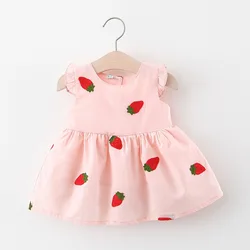 Summer girl dress baby girl covered in cartoon strawberry embroidery little flying sleeve princess dress