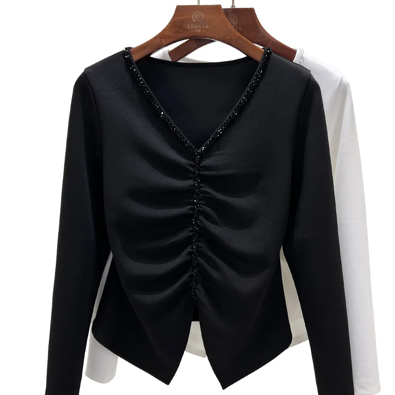 Nail Diamond V-Neck Long Sleeve T-shirt Spring and Autumn New French Pleated Black Cotton Plus Size Black Top (M-3XL)