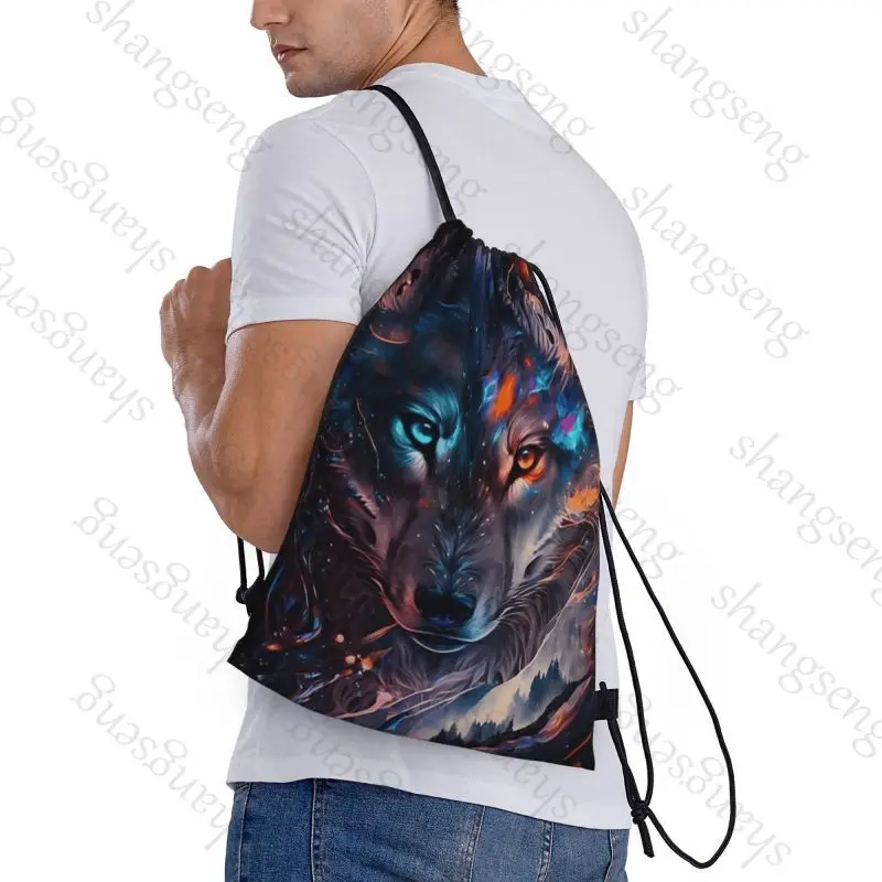 Drawstring Bag Sports Backpack Bundle Pocket Basketball Bags Boy Birthday Christmas Gifts Shoe Bag Sports Bag Animal Wolf