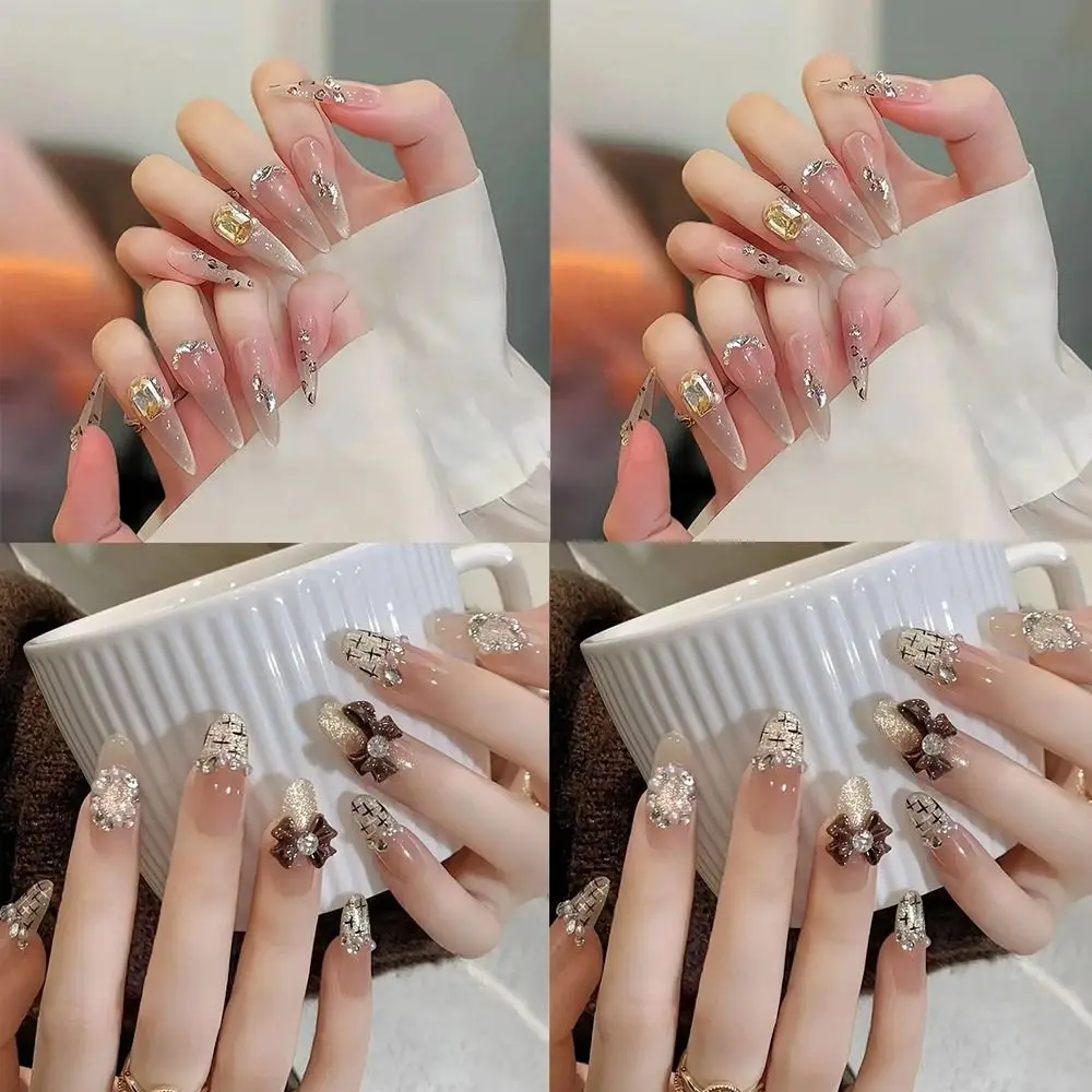 30pcs Long Almond Stiletto False Nails French Cat Eye Silver Wavy Fake Nails Purple Love Heart Detachable French Nail Tips DIY