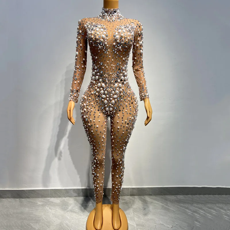 

Luxury Rhinestones Pearl Mesh Transparent Tight Jumpsuit Women Birthday Party Singer Bar Concert Performance Stage Costume