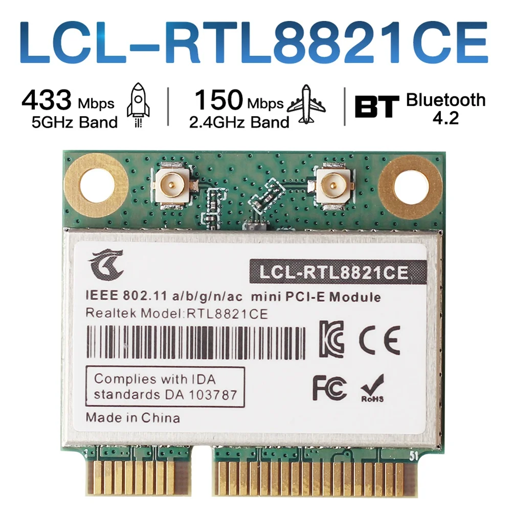 듀얼 밴드 미니 PCIe 와이파이 카드, RTL8821CE 802.11AC, 블루투스 4.2, 433Mbps, 2.4Ghz, 5Ghz, RTL8821 지지대 노트북 및 PC