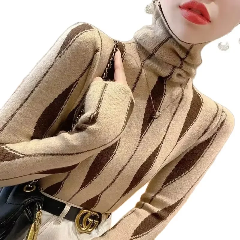 Women Clothing Elegant Fashion Long Sleeve Striped Sweaters Autumn Winter Slim Turtleneck Knit Knit Office Lady Casual Chic Tops
