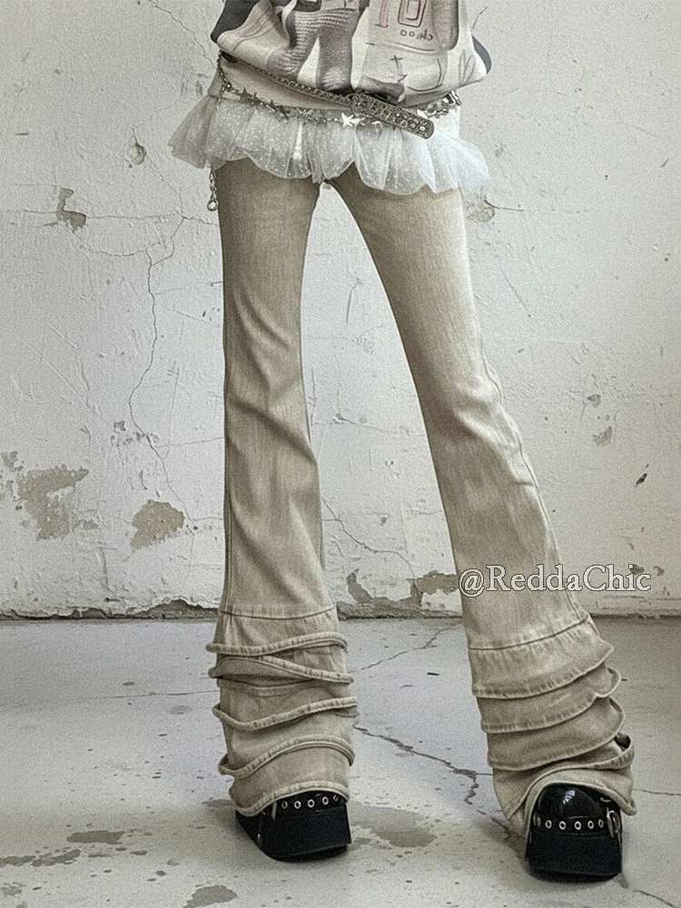 REDDACHiC Women Distressed Y2k Flared Jeans High Waist Ruffle Tiered Bootcut Tight Stretch Denim Pants Vintage Punk Streetwear