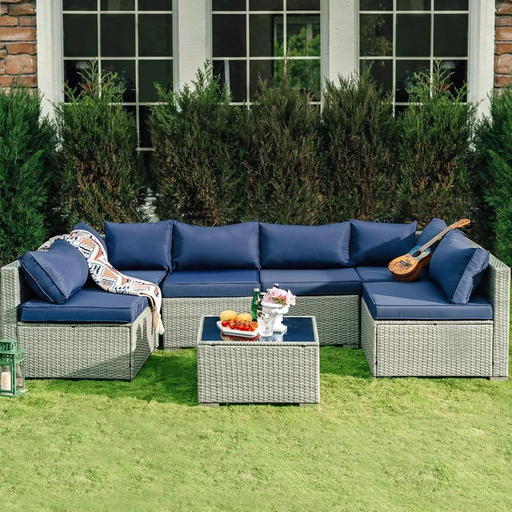 

7 Pieces Patio Furniture Set - Outdoor Sectional Wicker Rattan Furniture with Cushion and Glass Table, Patio Conversation Sets