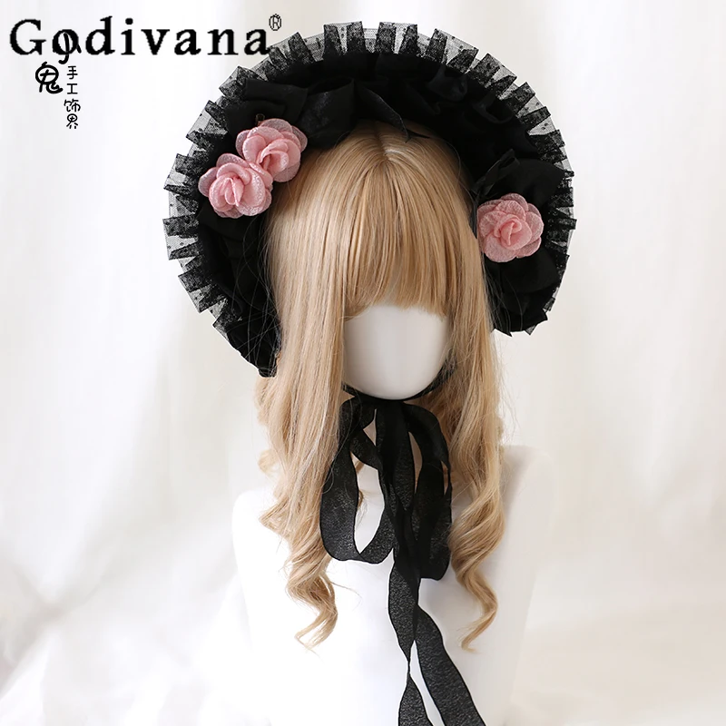 

Christmas Original French Elegant Retro Black BNT Japanese Girls Lolita Sweet Three-Dimensional Rose Lace Hat for Women Fedoras