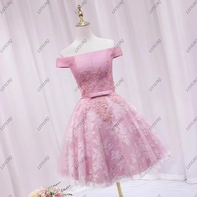 LIYYLHQ Pink Short Homecoming Dresses Off Shoulder With Bow Above Knee Pleat Cocktail Dresses Lace Up Back Tulle Prom Dresses